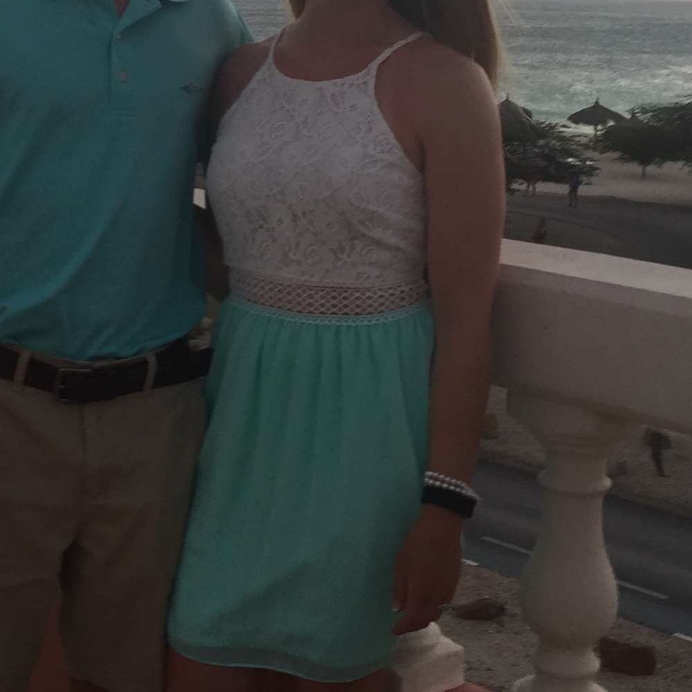 Teal with cream lace dress